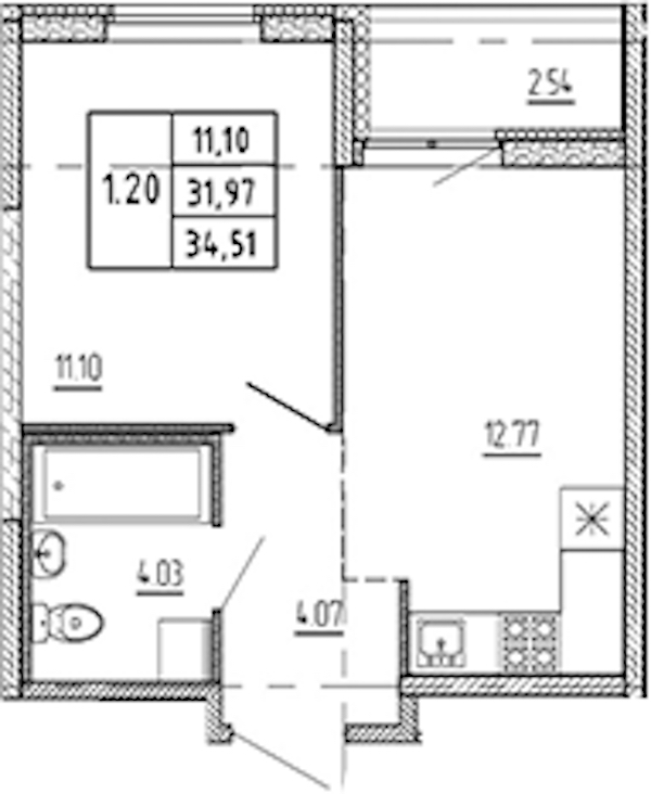 1-комнатная квартира 31.97 м², 10/22 эт., ЖК «Новые горизонты 2»